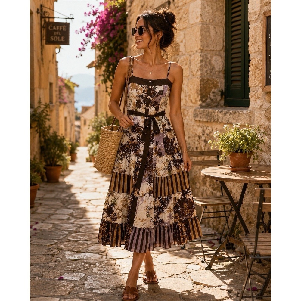 Chaudry Brown Patchwork Boho Midi Dress Tie Waist Tiered Adjustable Straps Large